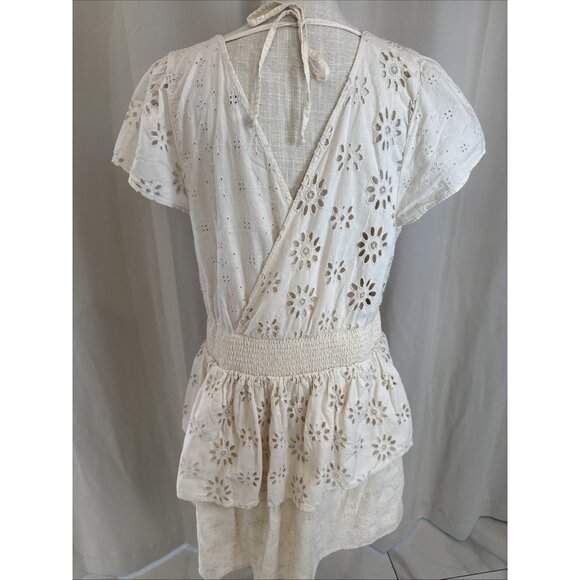 American Eagle Womens White Eyelet Floral Smocked Waist Wrap Dress XLTG - Picture 4 of 11